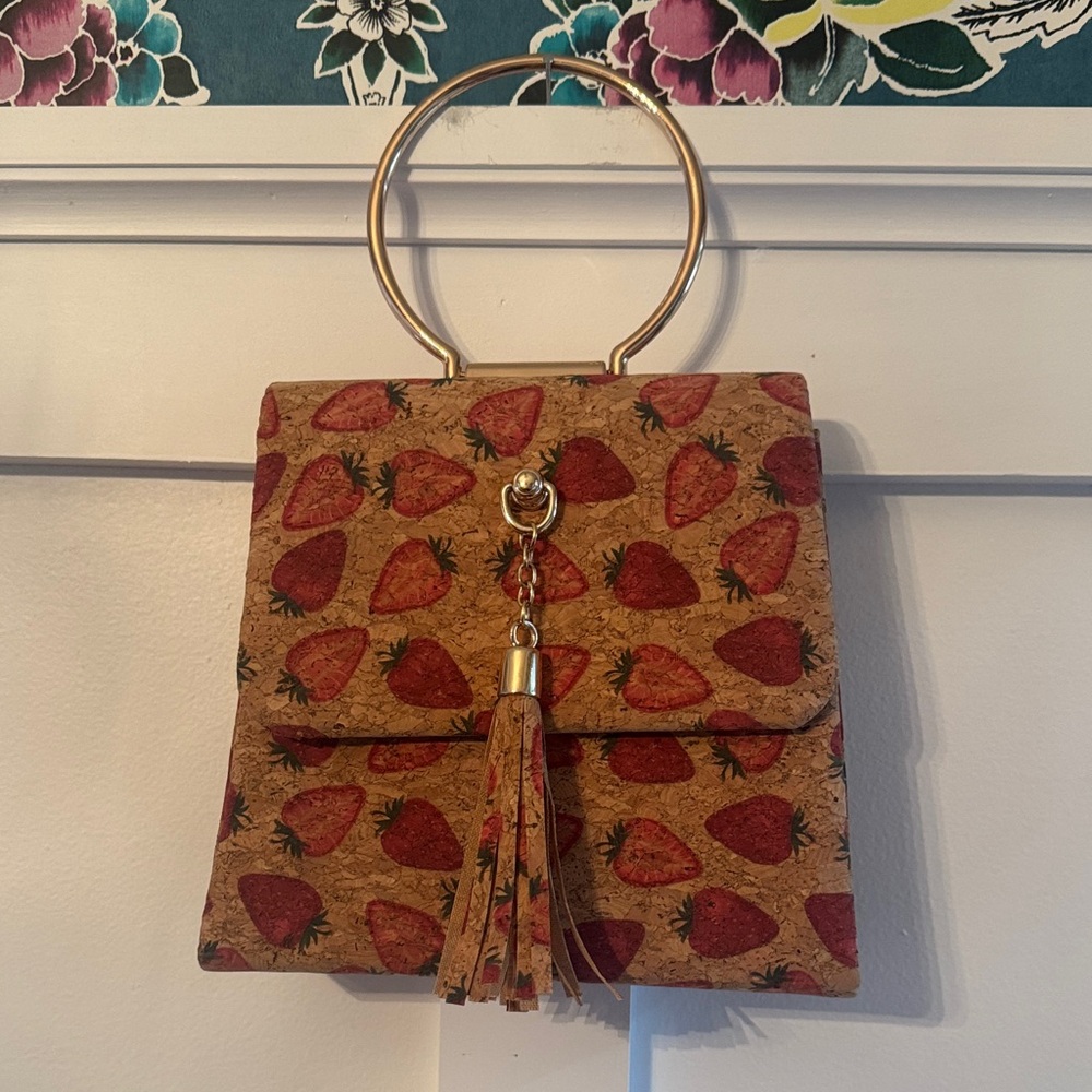 Strawberry Patterned Cork Handbag with Gold Ring Handle and Gold Chain